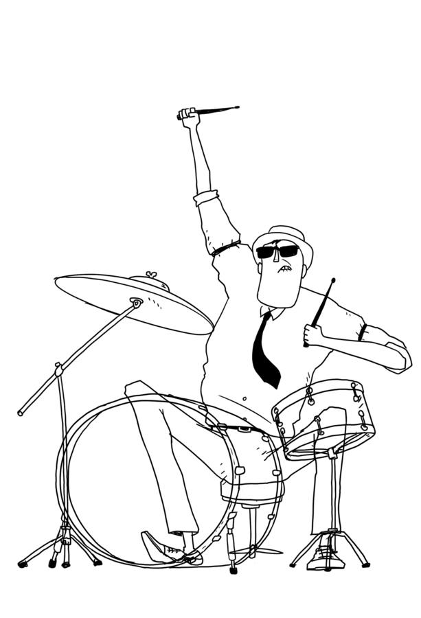 Character design by CUMI, a drummer in sunglasses and a tie, playing a drum kit with sticks raised