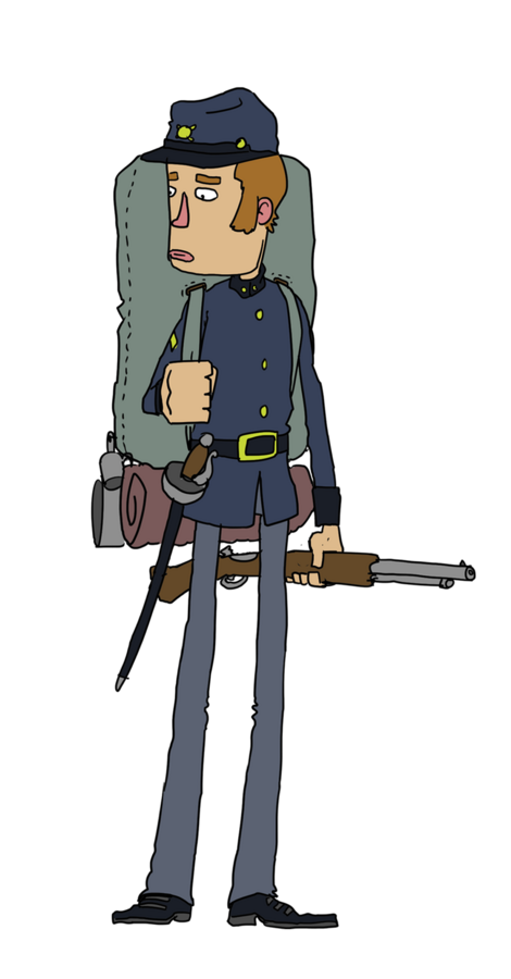 Character design by CUMI, a young Civil War era soldier with a kepi cap, backpack and rifle