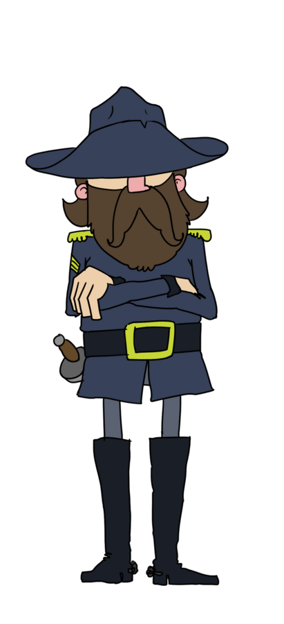 Character design by CUMI, a bearded cavalry officer in a wide brimmed hat, arms folded