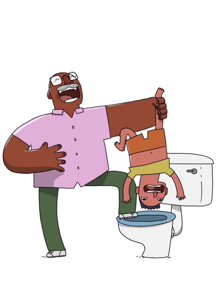 Character design by CUMI, a laughing man holding a boy upside down over a toilet