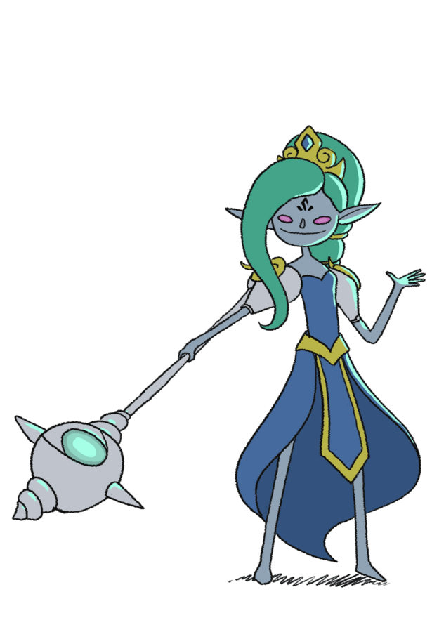 Character design by CUMI, a green haired fantasy princess in a blue gown holding a spiked mace