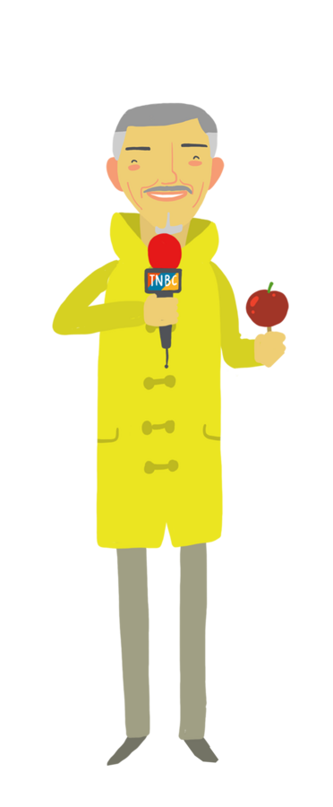 Character design by CUMI, a TV reporter in a yellow raincoat holding a microphone and an apple