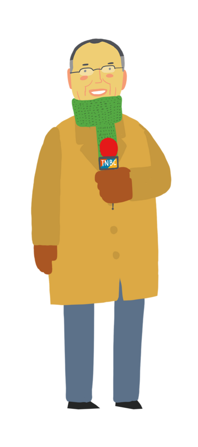 Character design by CUMI, a TV reporter in a winter coat and green scarf holding a microphone