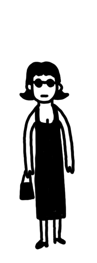 Character design by CUMI, a woman in a black dress and dark glasses carrying a handbag