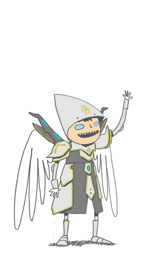 Character design by CUMI, a small winged knight in silver armour, waving