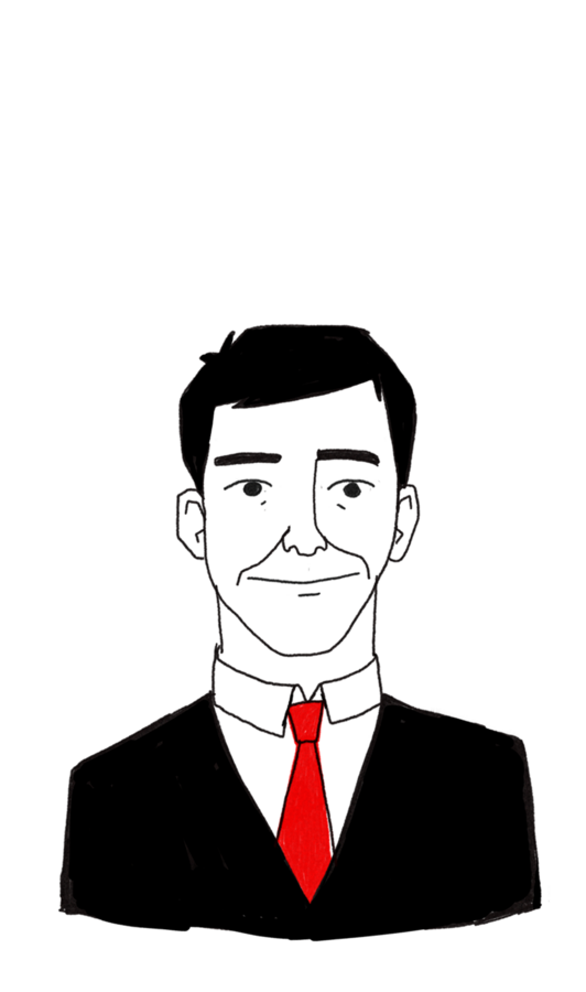 Character design by CUMI, a smiling businessman in a black suit and red tie