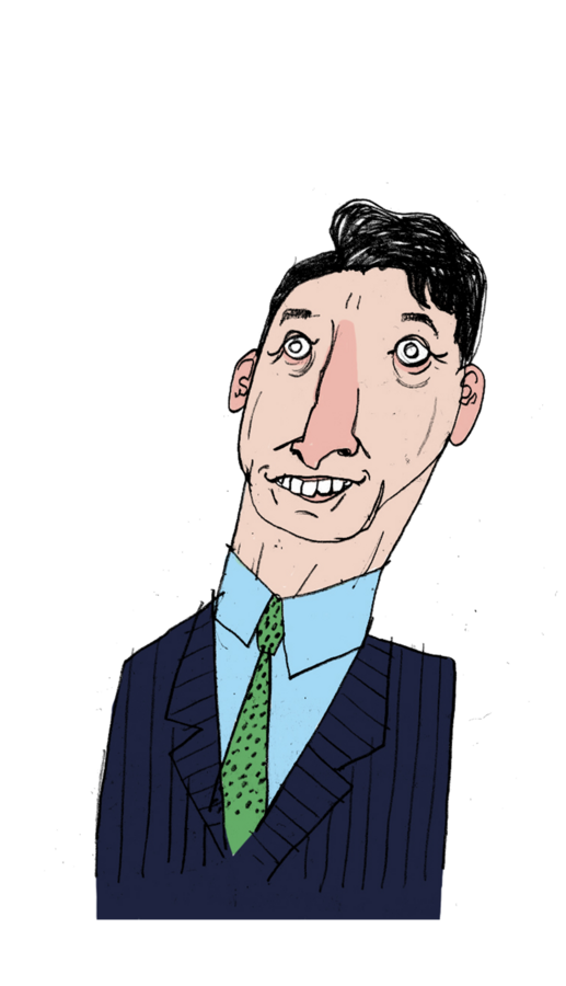 Character design by CUMI, a grinning man in a pinstripe suit and green tie