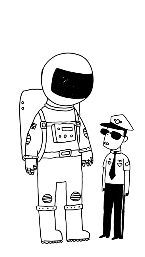 Character design by CUMI, an astronaut in a space suit beside a police officer in sunglasses