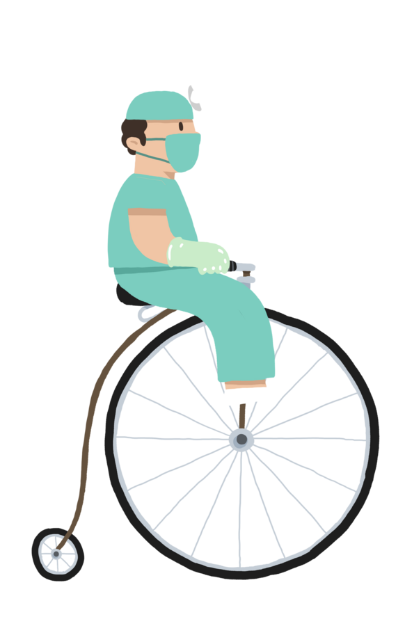 Character design by CUMI, a surgeon in scrubs and mask riding a penny farthing bicycle