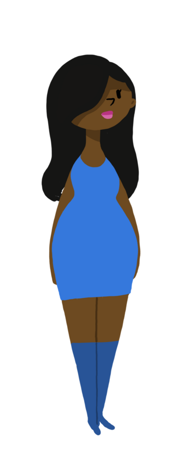 Character design by CUMI, a woman with long dark hair in a blue dress
