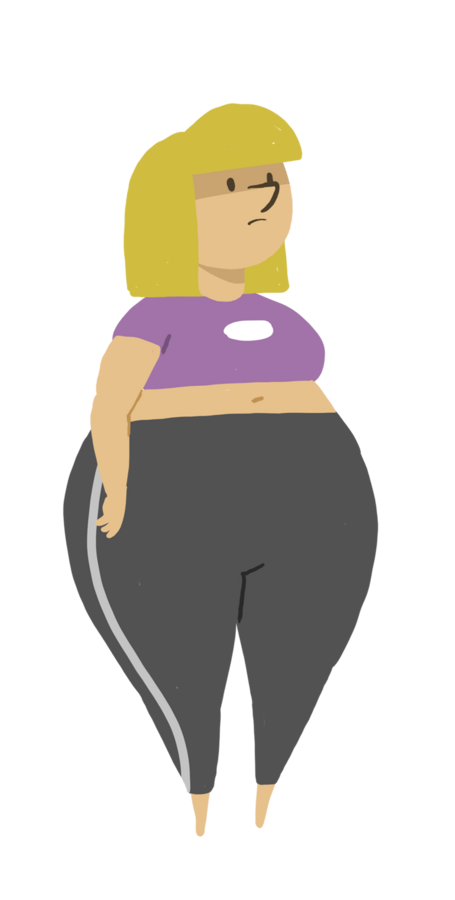 Character design by CUMI, a blonde woman in a purple top and grey trousers