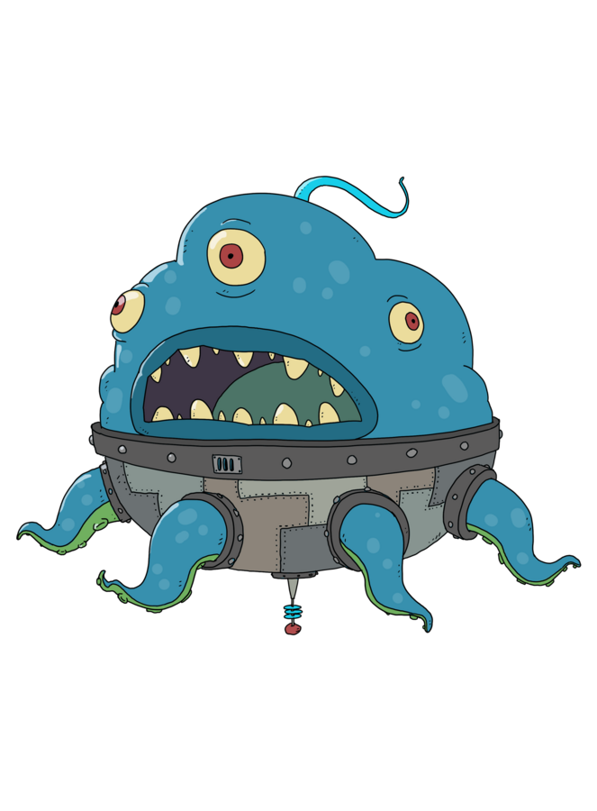 Character design by CUMI, a blue tentacled monster with a wide toothy grin, riding a metal pod
