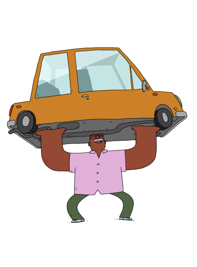 Character design by CUMI, a strongman lifting an orange car above his head