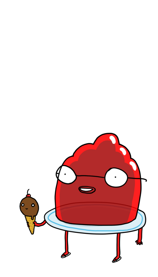 Character design by CUMI, a red jelly dessert with glasses, holding an ice cream cone