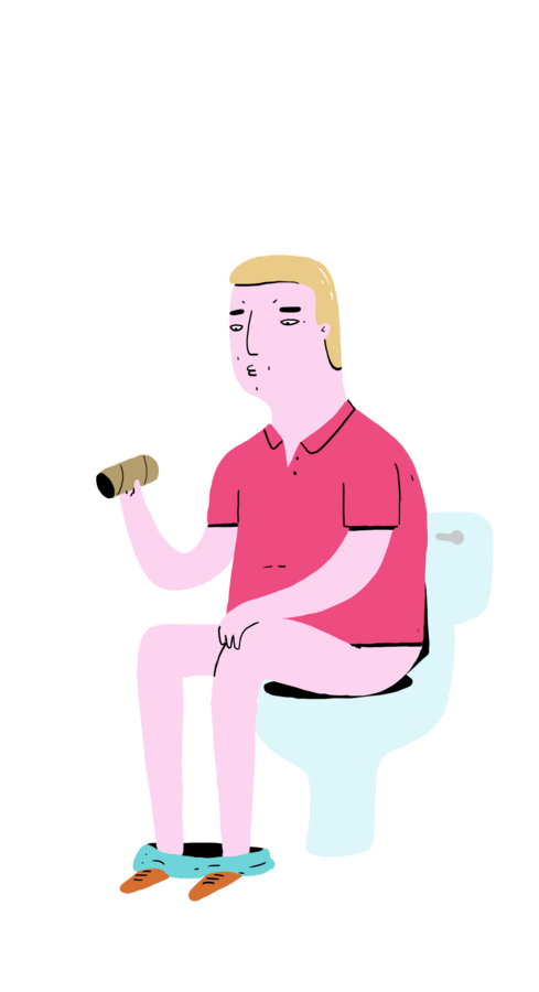 Character design by CUMI, a man in a pink polo shirt sitting on a toilet with a toilet roll