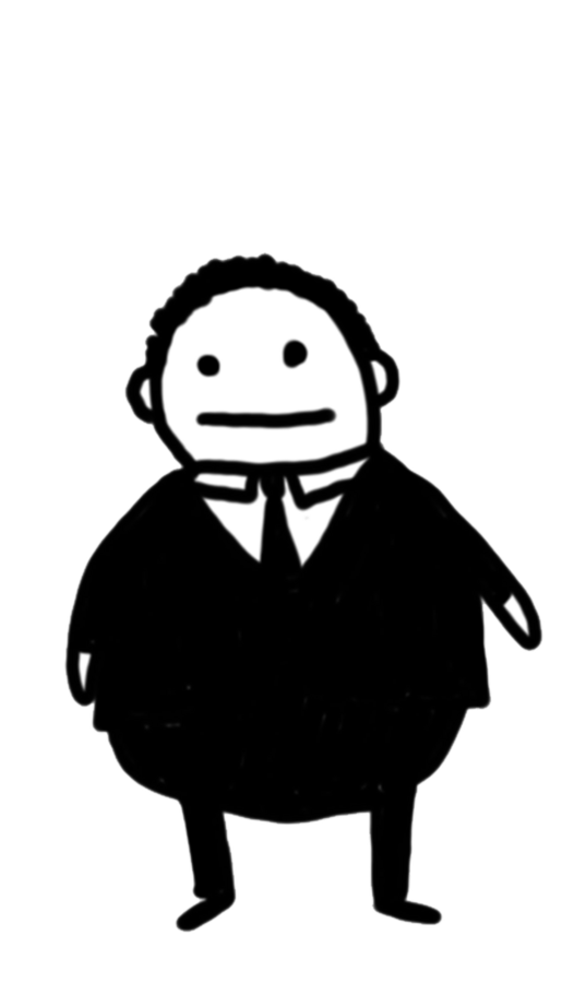Character design by CUMI, a round faced man in a black suit
