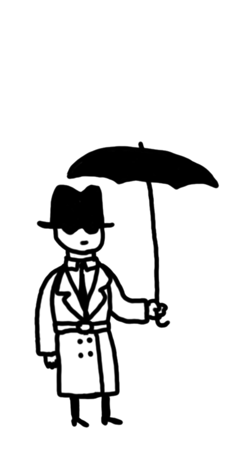 Character design by CUMI, a detective in a trench coat and hat holding an umbrella