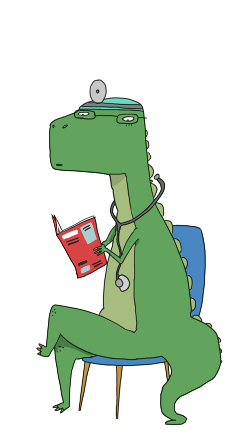 Character design by CUMI, a green dinosaur doctor with a stethoscope, reading a book