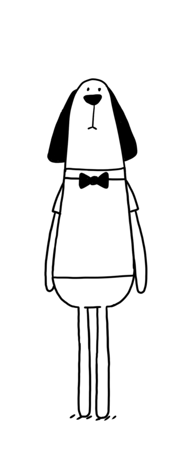 Character design by CUMI, a long eared dog standing upright wearing a bow tie