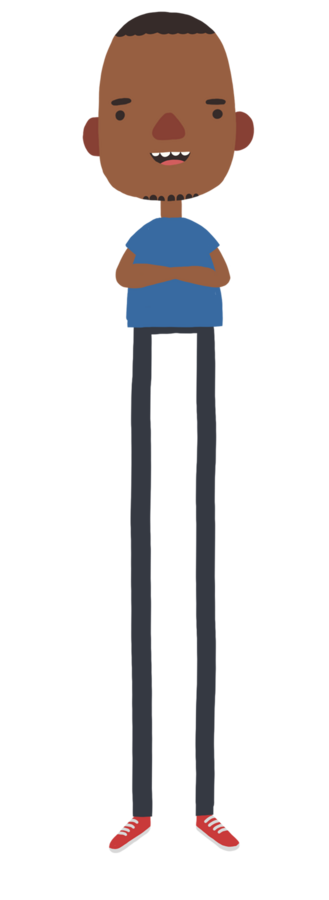 Character design by CUMI, a tall, thin man with folded arms and red trainers