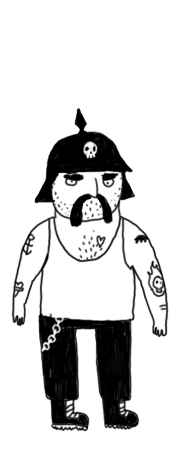 Character design by CUMI, a tattooed biker with a moustache and a skull helmet