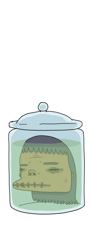 Character design by CUMI, a green head preserved in a glass jar
