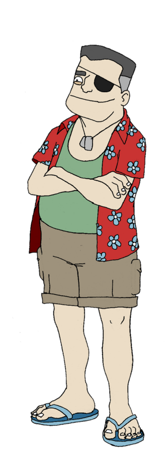 Character design by CUMI, a man with an eye patch in a Hawaiian shirt and flip flops