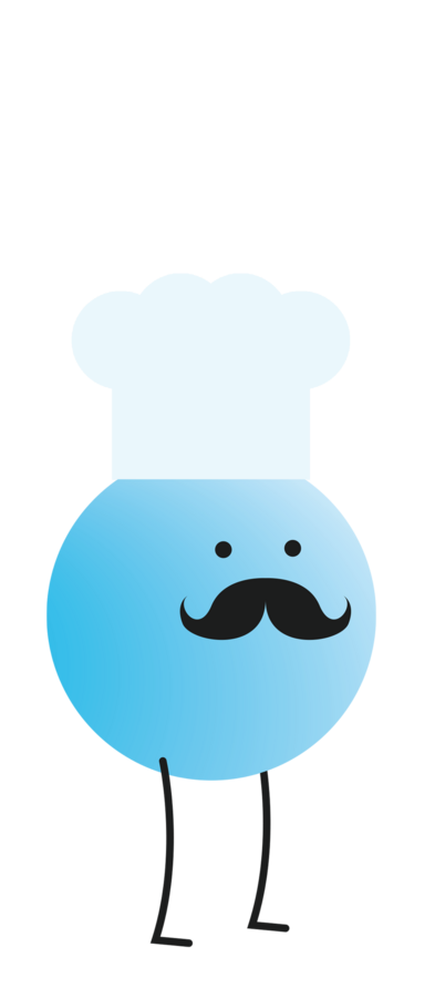Character design by CUMI, a round blue character with a moustache and a chef's hat