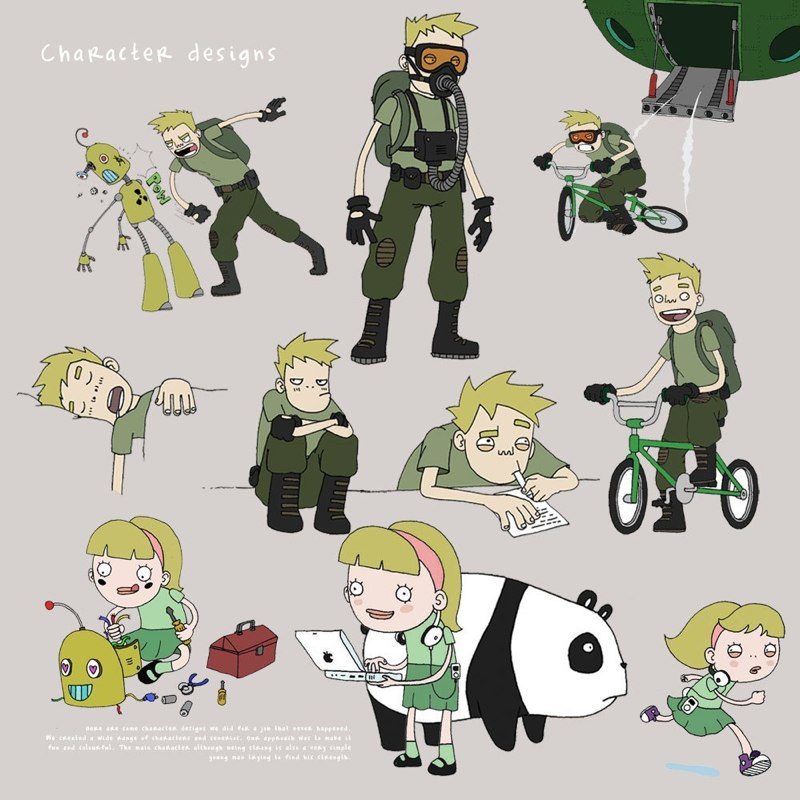Character design sheet showing a boy in combat gear and a gas mask in several poses, riding a bike and asleep, and a girl with a laptop, a toolbox, a small robot and a panda.
