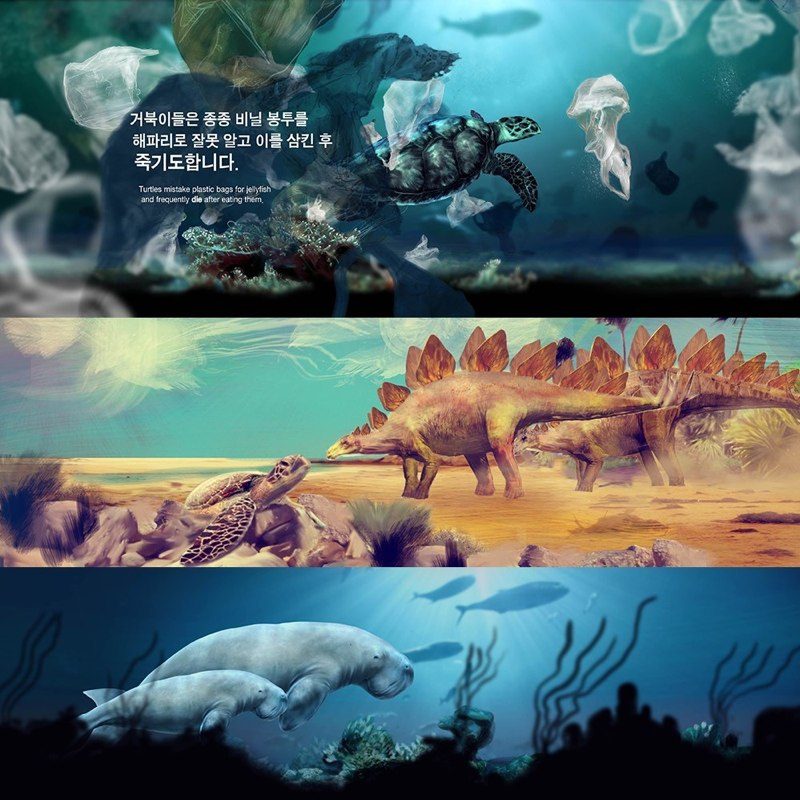 Three wide painted scenes. A sea turtle among floating plastic bags, a turtle beside a stegosaurus on a prehistoric shore, and a mother and baby dugong under water.