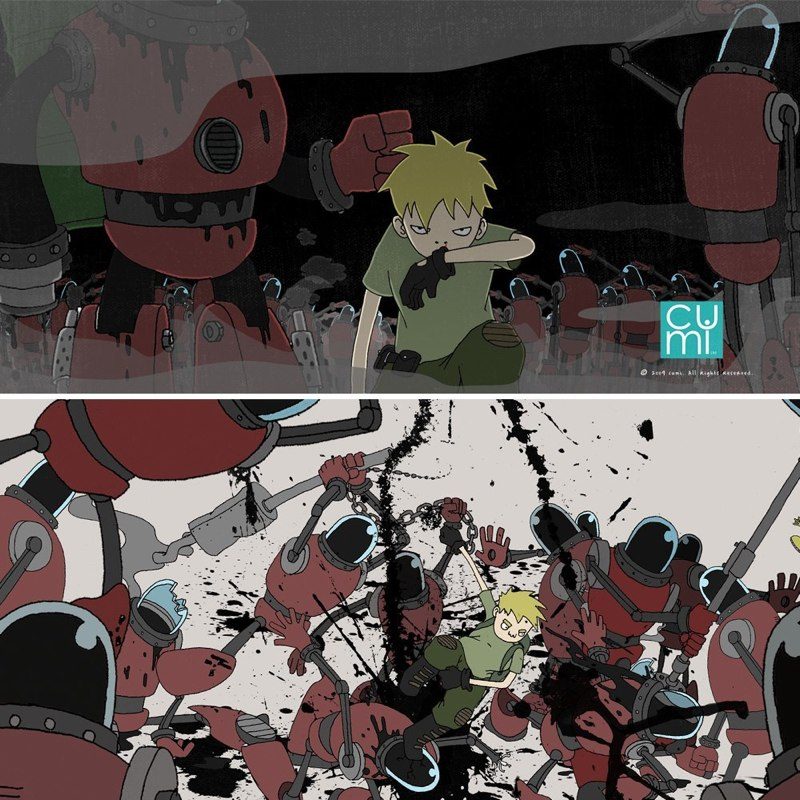 Two concept frames of a boy in green fatigues fighting a crowd of red robots, one in a dark smoky street and one splashed with black ink.