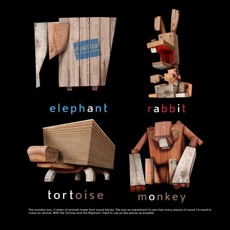 Four animals built from planks of reclaimed wood, an elephant, a rabbit, a tortoise and a monkey, each with its name below.
