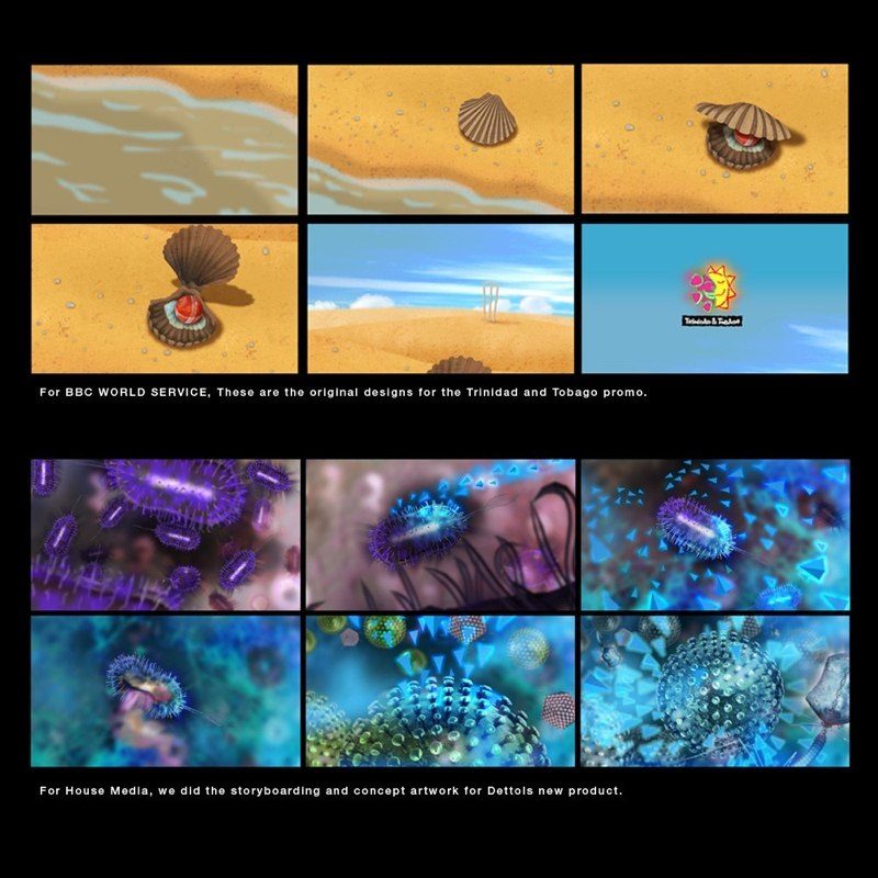 Two rows of frames. A scallop shell on a beach opens to reveal a cricket ball, for a BBC World Service Trinidad and Tobago promo. Below, glowing microscopic germs in concept artwork for Dettol.