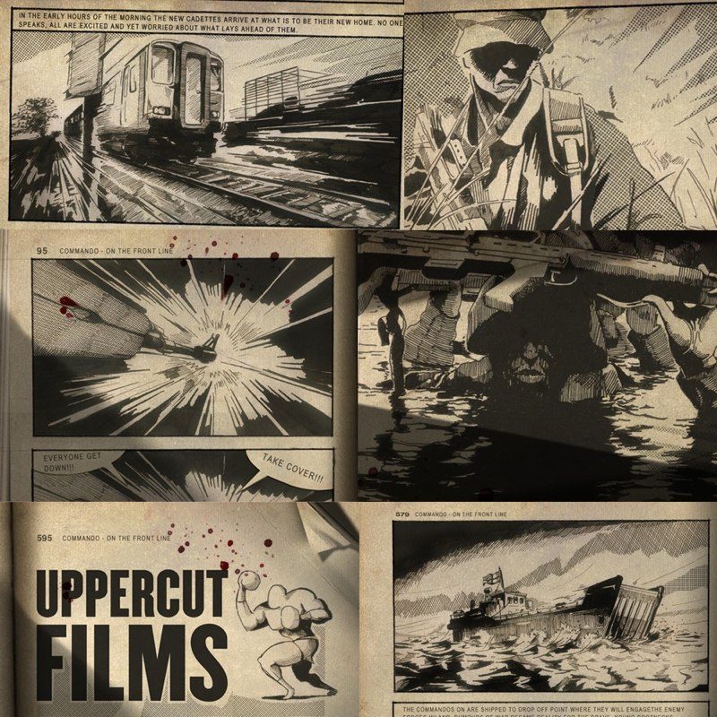 Sepia comic book storyboard panels for Commando On The Front Line, showing recruits arriving by train, a soldier in long grass, an explosion and a landing craft at sea.