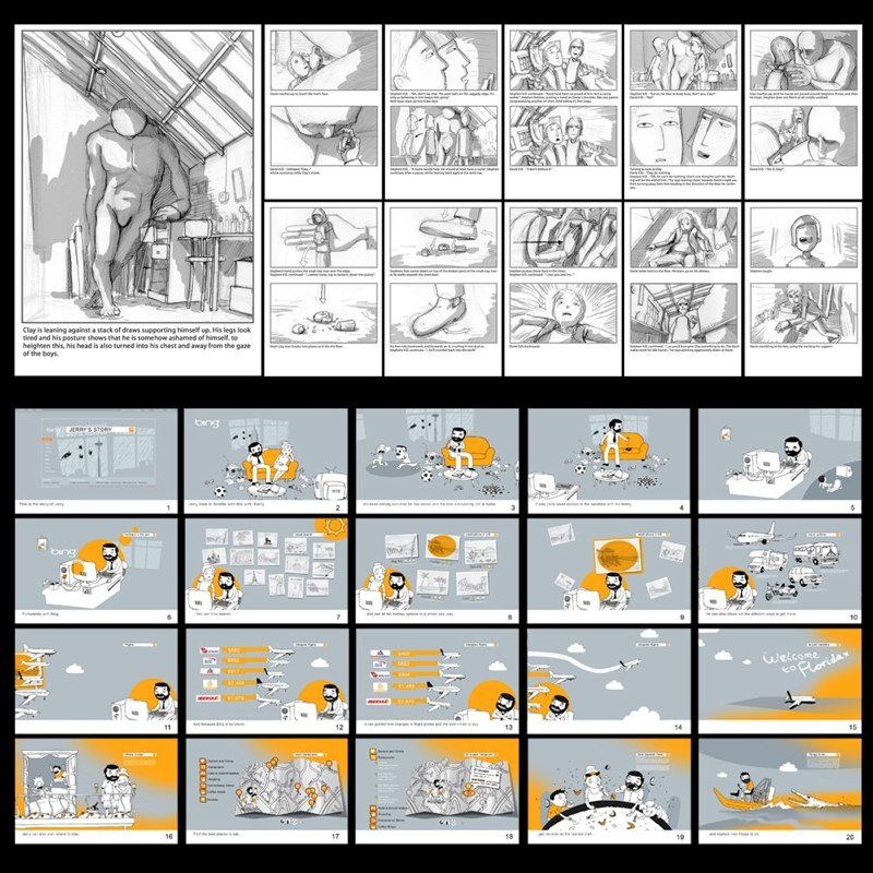 Two storyboards on one page. Above, a pencil storyboard for a short drama about a character called Clay. Below, the 20 panel storyboard for Microsoft Bing's Jerry's Story, drawn in grey and orange.
