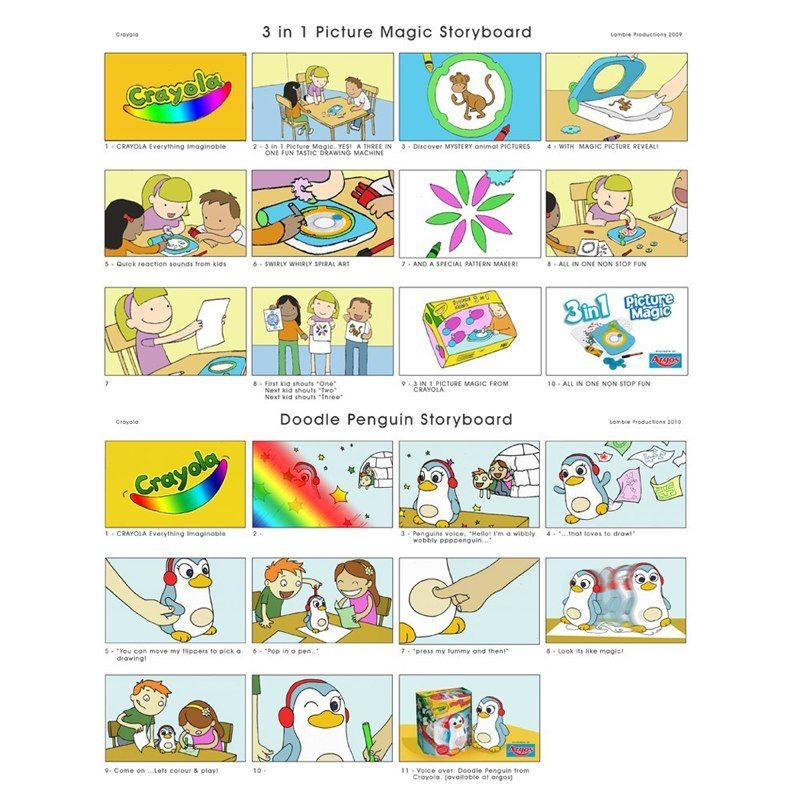Two colour storyboards for Crayola toy adverts, 3 in 1 Picture Magic and Doodle Penguin, with a numbered voice over line under each panel.