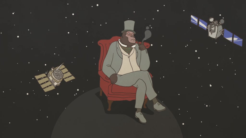 24-7 Prayer, an illustrated top hatted figure seated in an armchair on a planet, among orbiting satellites