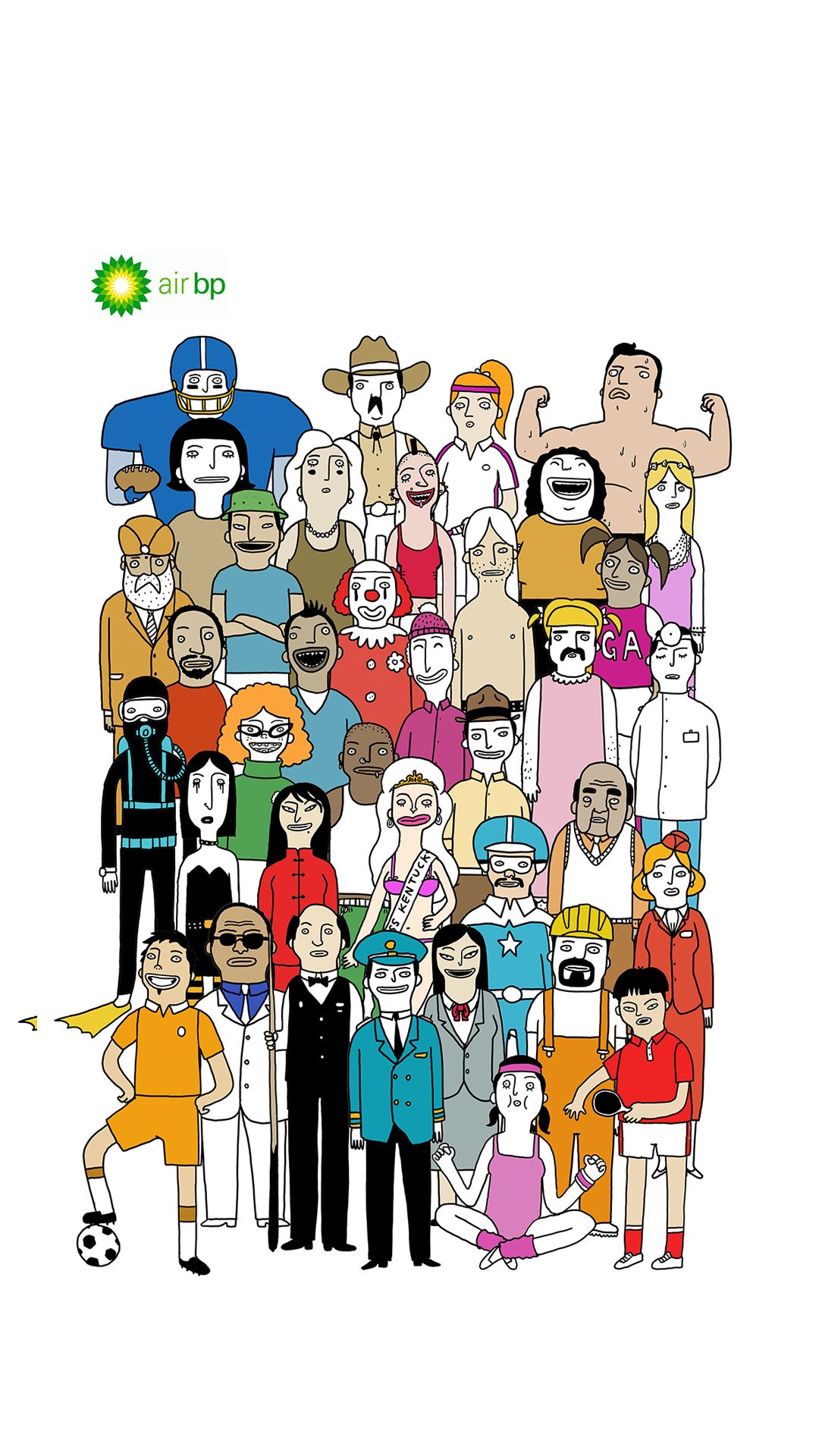 A large crowd of distinct illustrated characters gathered together, the Air bp logo in the top corner