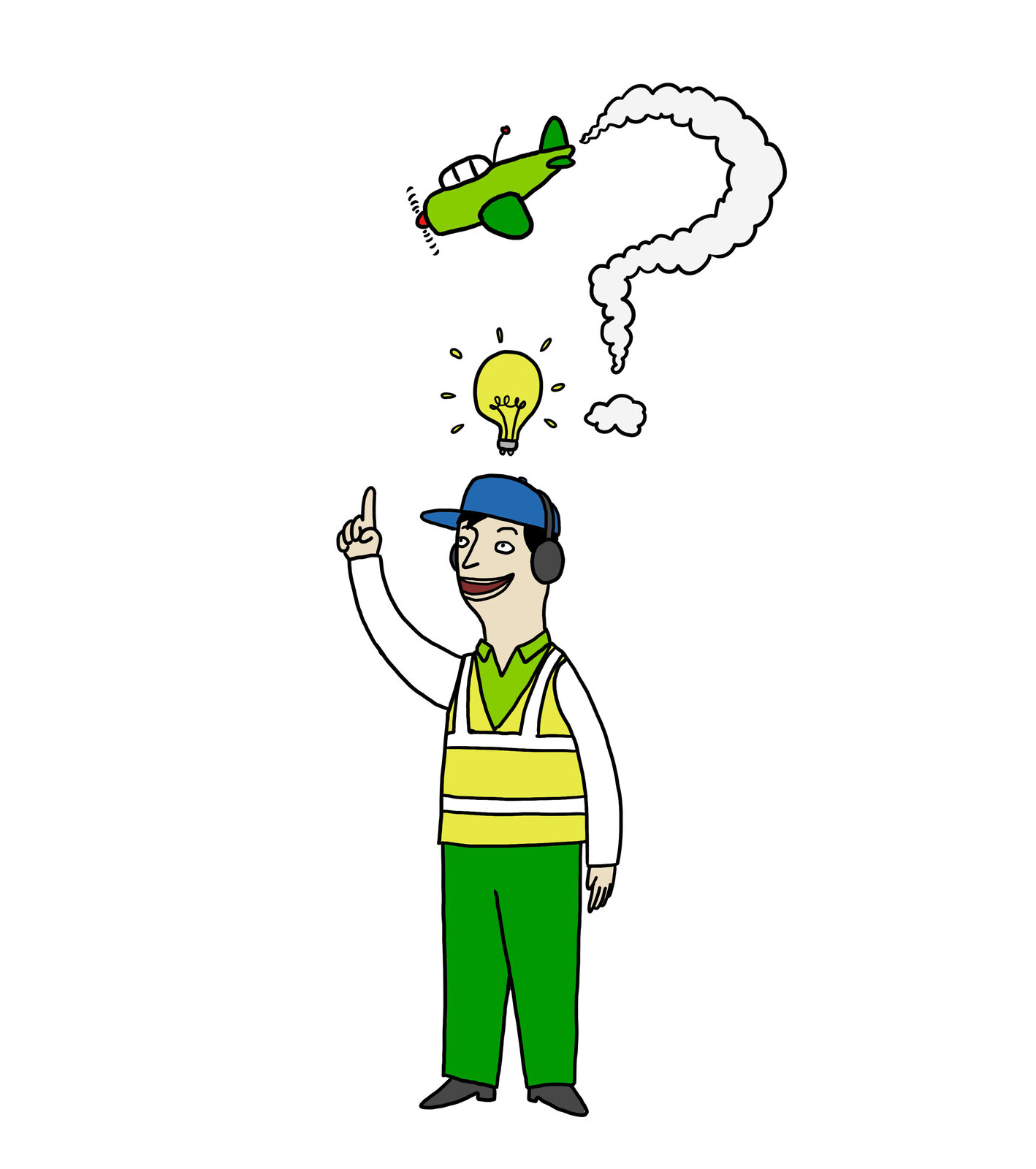 Illustrated ground crew worker pointing up at a lightbulb, beneath a small plane trailing a vapour trail question mark