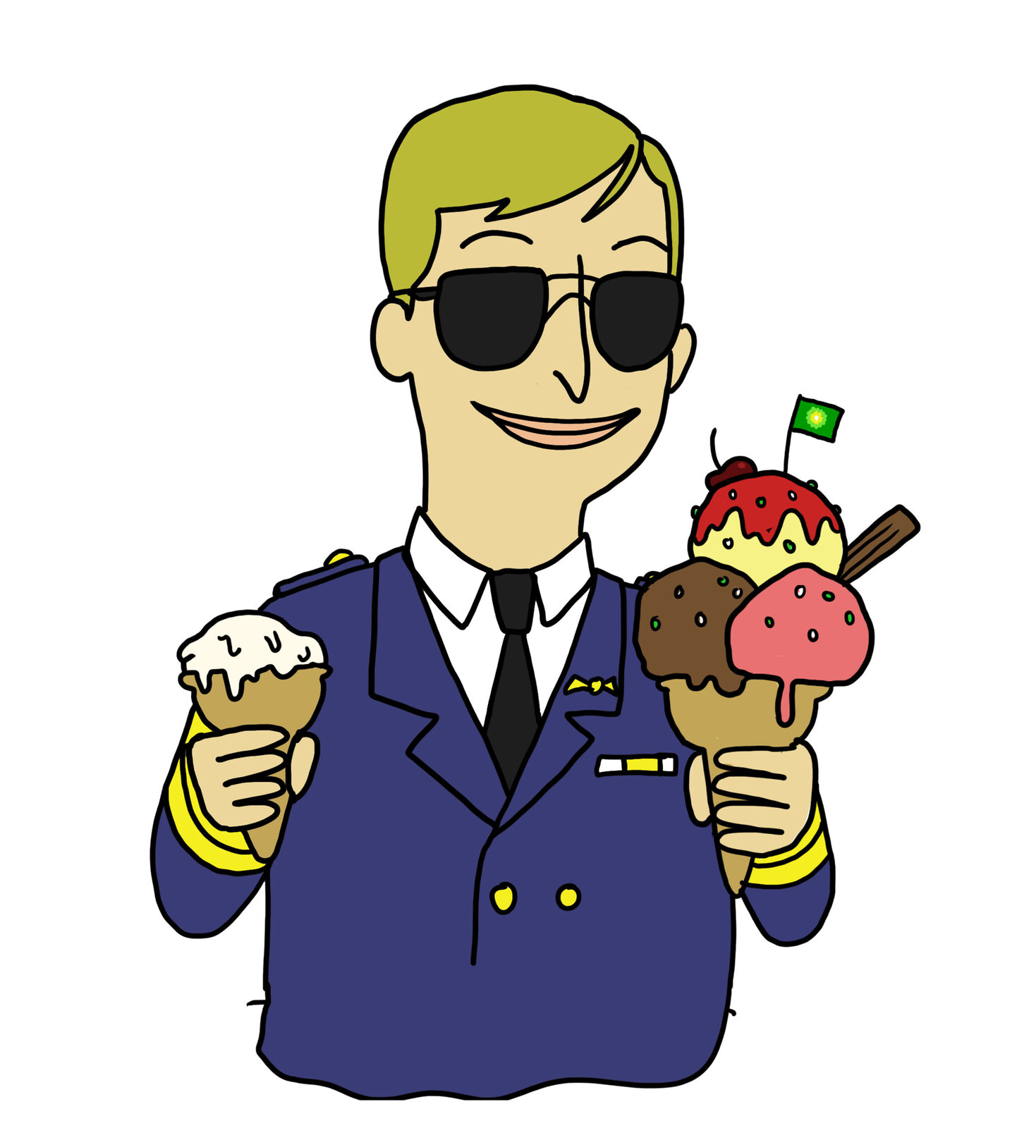 Illustrated pilot in sunglasses and a navy captain's uniform holding several ice cream cones, one topped with a small Air bp flag