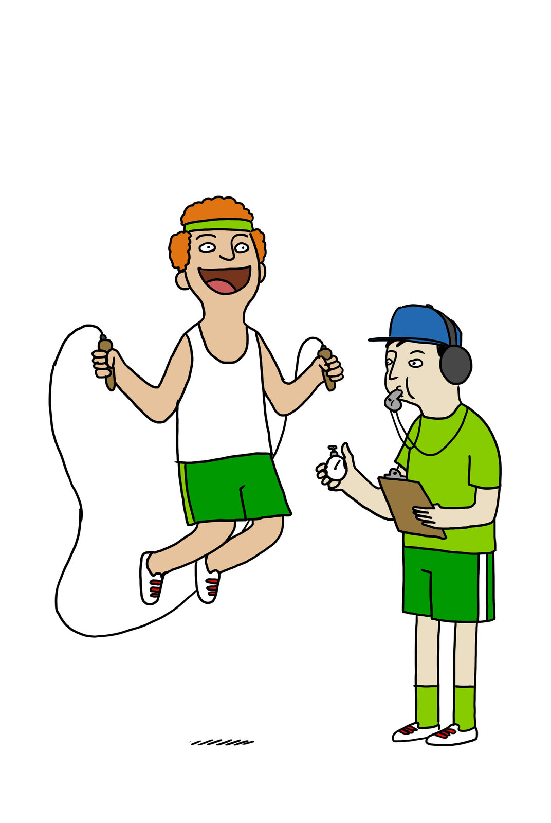 Illustrated coach with a stopwatch, whistle and clipboard timing a colleague skipping rope