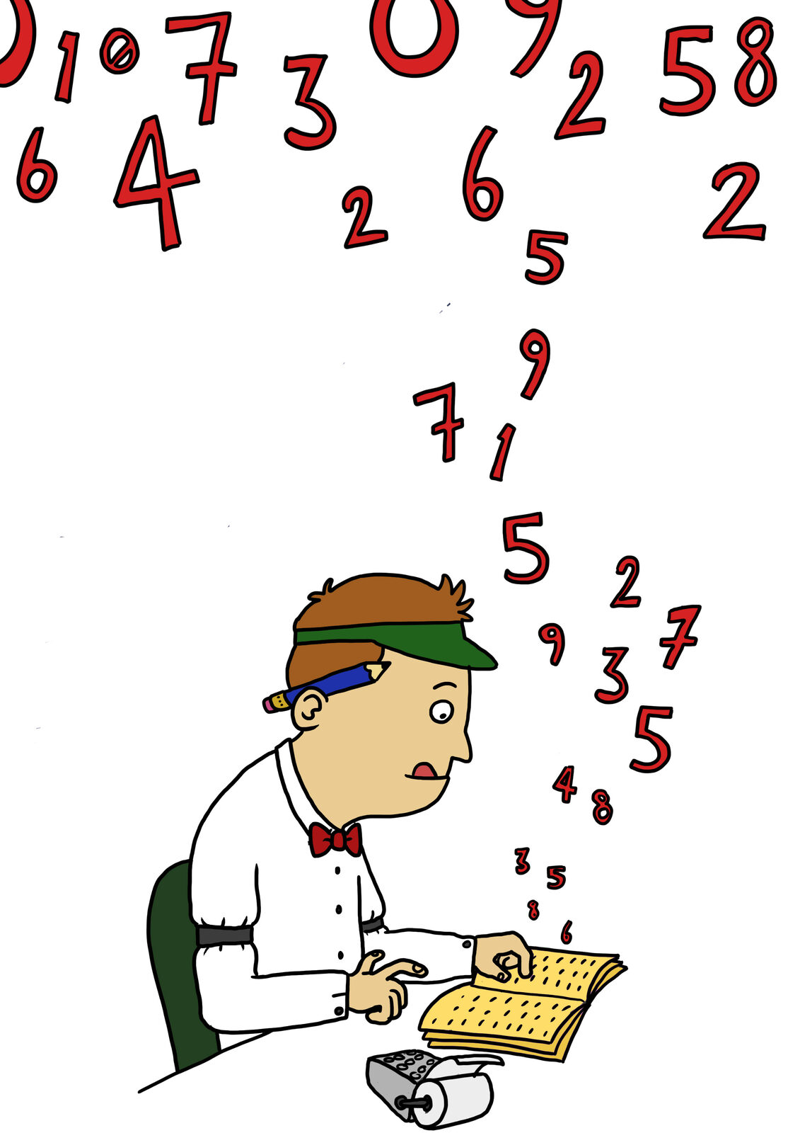 Illustrated old style accountant in a green eyeshade and bow tie, working through a ledger book and adding machine under a cascade of red numbers