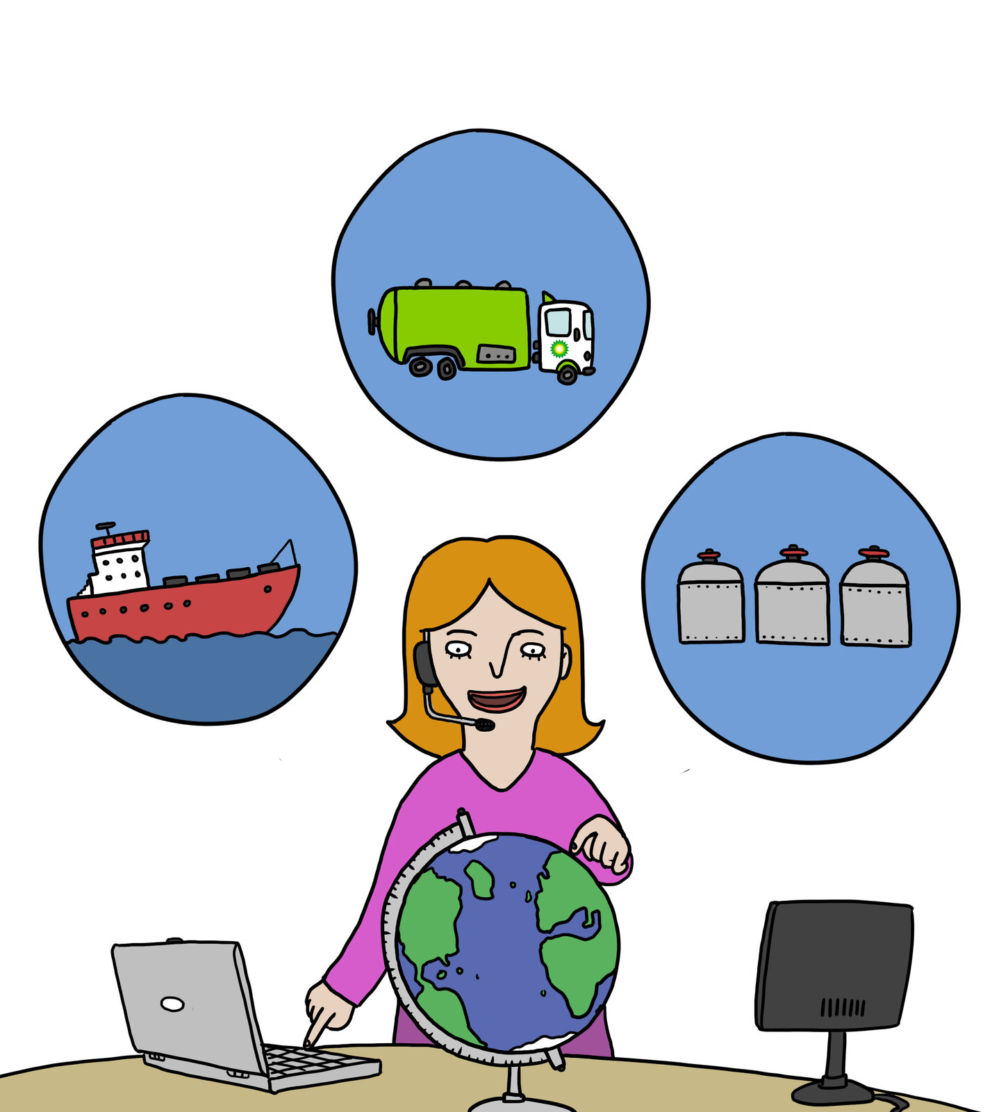 Illustrated character on a headset holding a globe, surrounded by circles showing a fuel tanker ship, a fuel truck and storage tanks