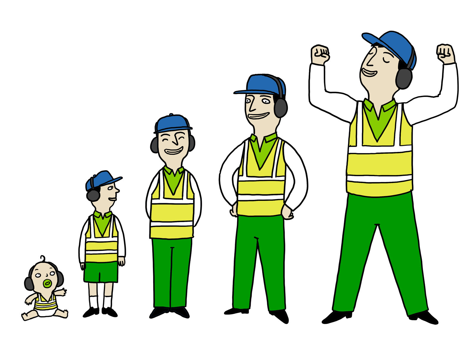 A sequence of five illustrated figures in matching Air bp hi vis and headset, growing from a baby to a flexing, muscular adult
