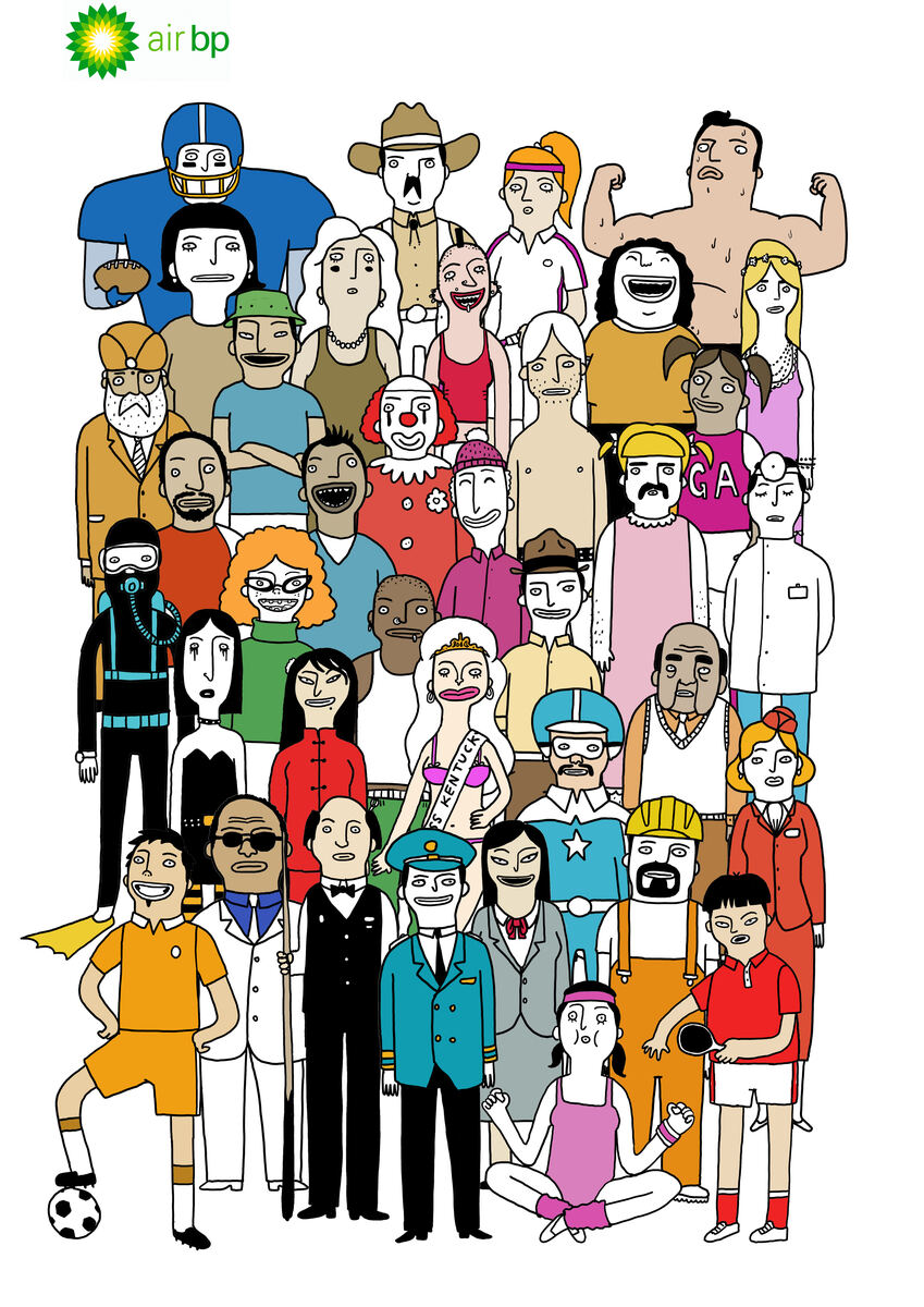 A large crowd of distinct illustrated characters gathered together, the Air bp logo in the top corner