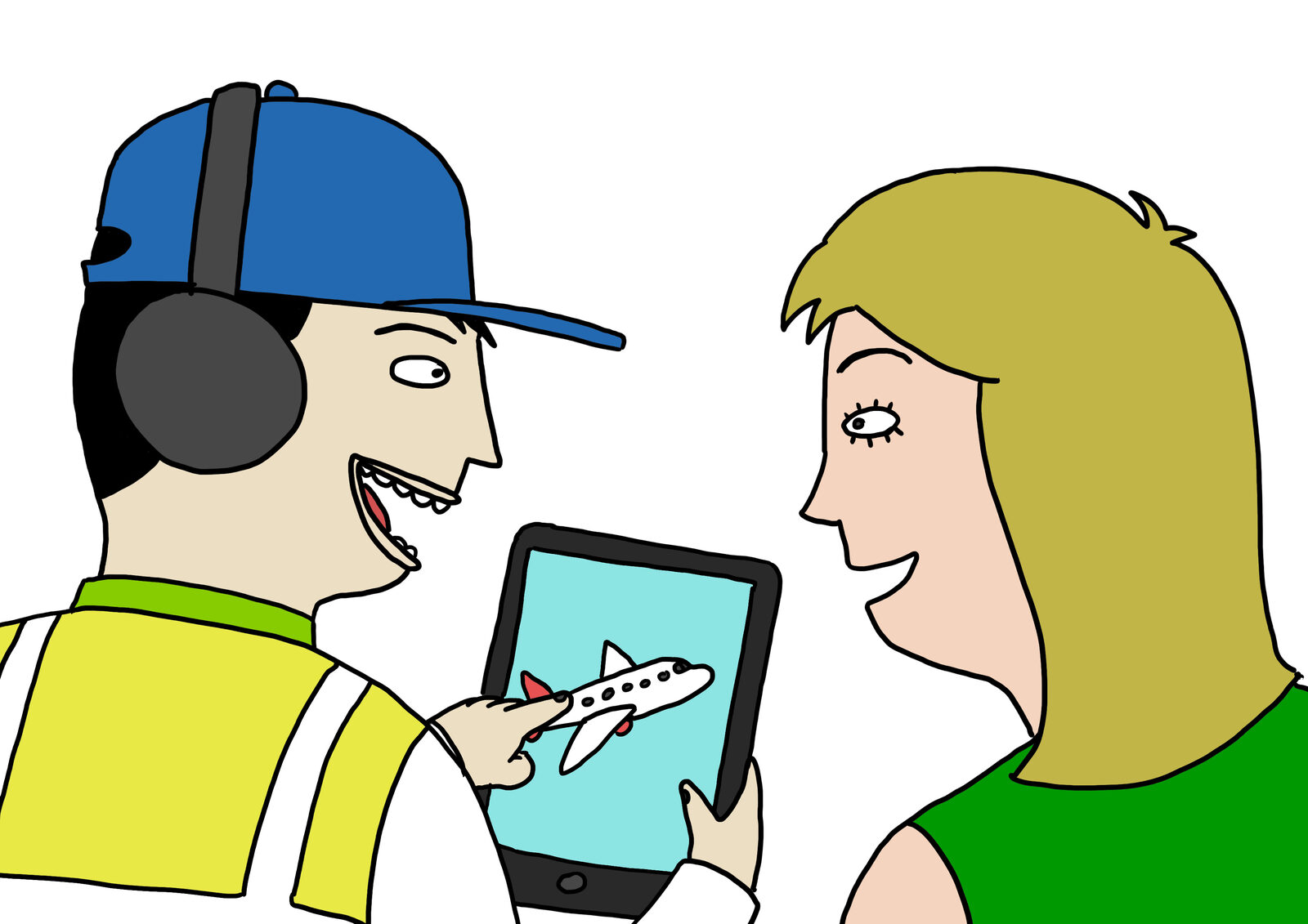 Two illustrated colleagues in Air bp uniform chatting over an iPad showing a small plane icon