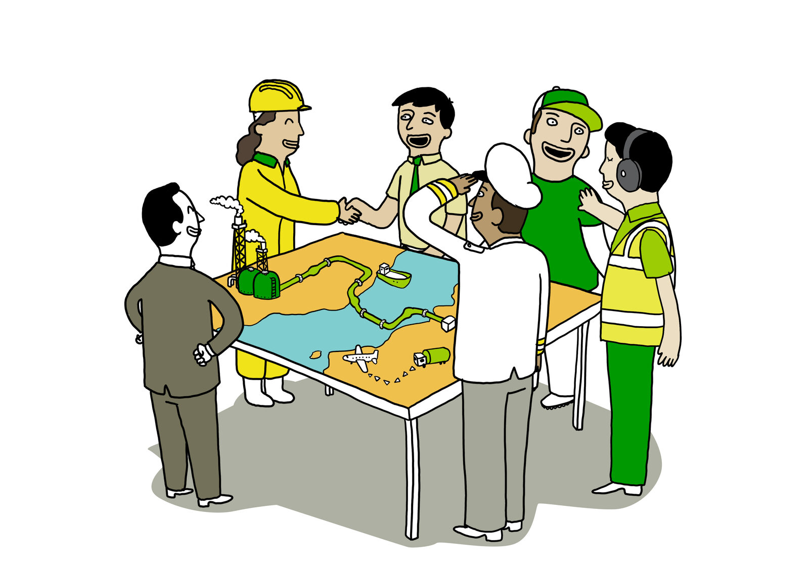 Six illustrated Air bp roles, including a refinery worker, businessman, sea captain and ground crew, gathered around a 3D model map showing a refinery, pipeline, storage tanks, ship, plane and truck