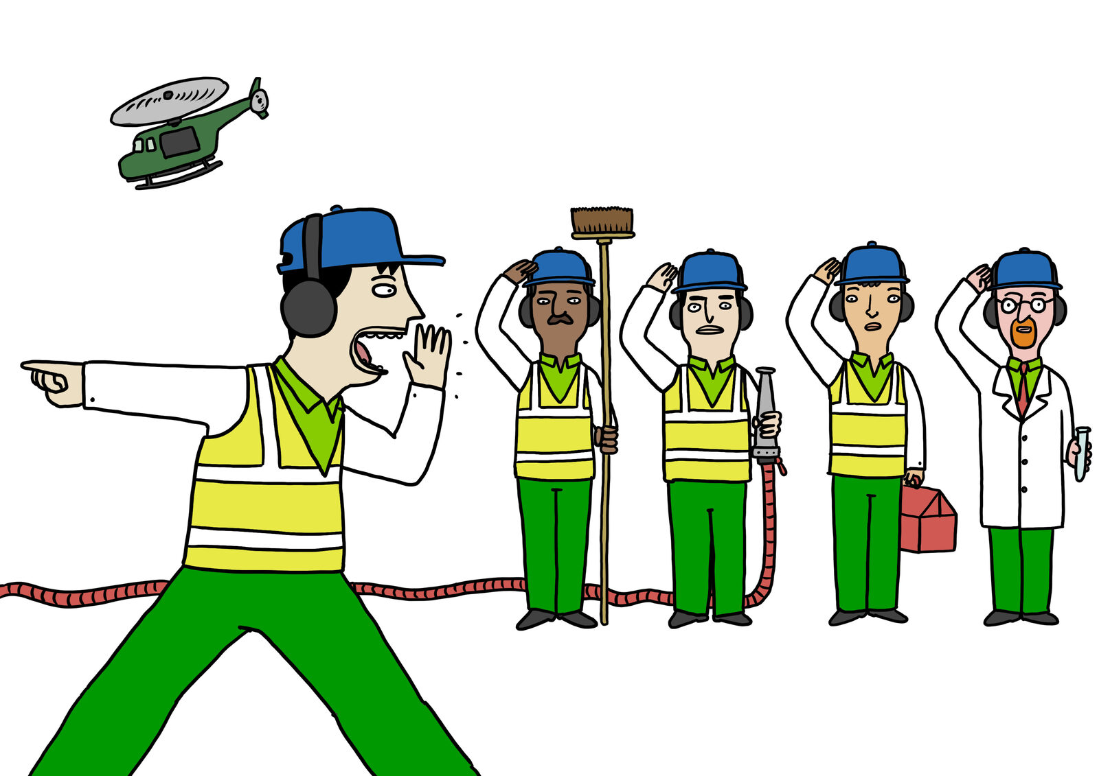 Illustrated ground crew leader shouting instructions to a saluting line up of four colleagues with a broom, fuel nozzle, toolbox and test tube, as a green military helicopter approaches