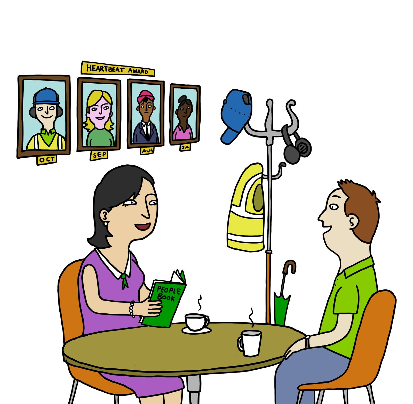 Two colleagues chatting over coffee beneath a wall of framed 'Heartbeat Award' staff photos and a green 'People Book', with a hi vis vest and headset hanging on a coat stand
