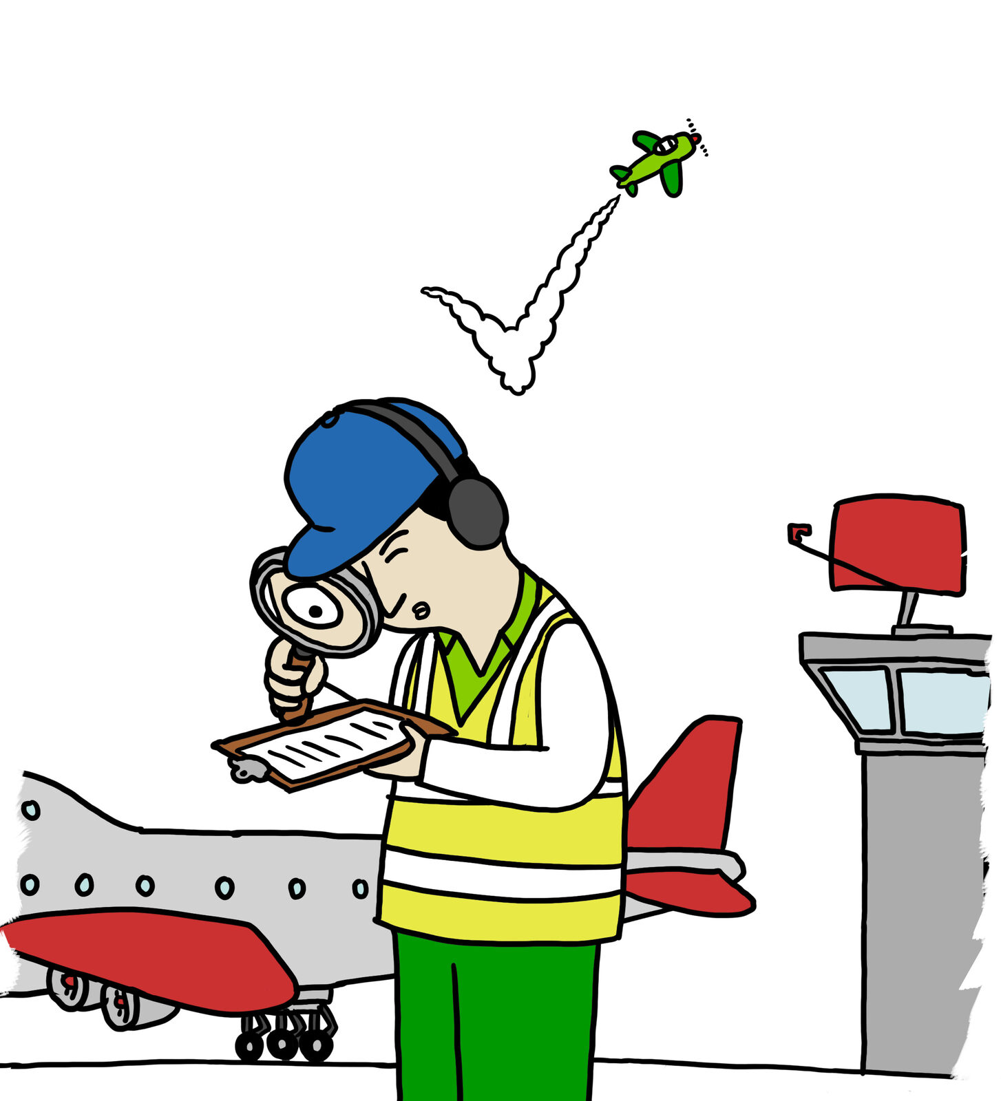 Illustrated ground crew worker inspecting a model plane with a magnifying glass and clipboard beside a control tower, under a vapour trail shaped like a tick